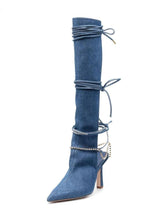 Slingback Strap Rhinestone Chain Denim Gladiator Pointed-Toe Mid Heel Over-The-Knee Boots For Women